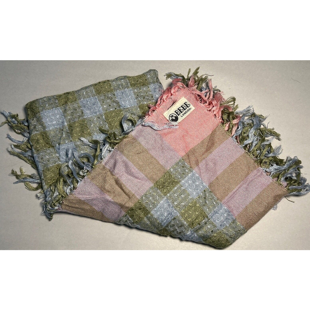 Vintage Bebe Of London Fringed Scarf Pink Green And Blue Cottage Core 30X30